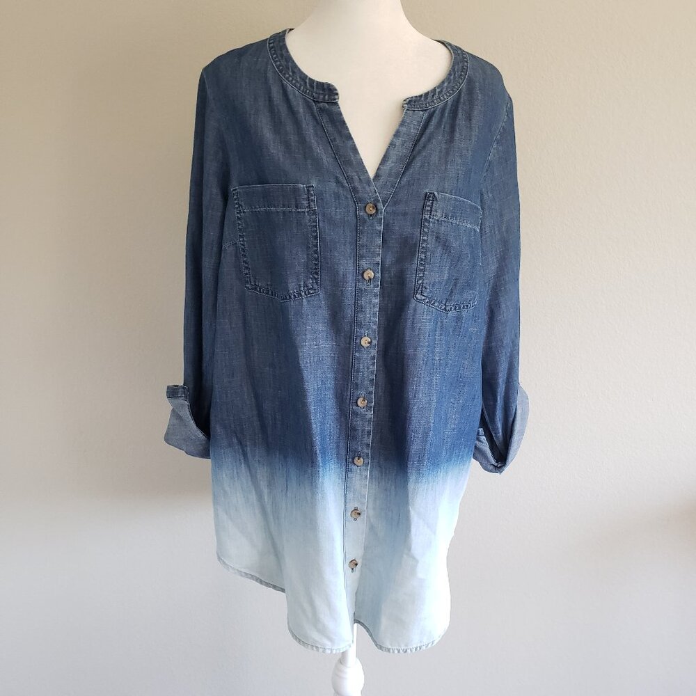 J Jill Denim Shirt Button Up Dip Dye Ombre Roll Tab Sleeve Cotton Tencel Size S